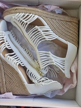 White Braided Wedge Sandals with Gold Zip